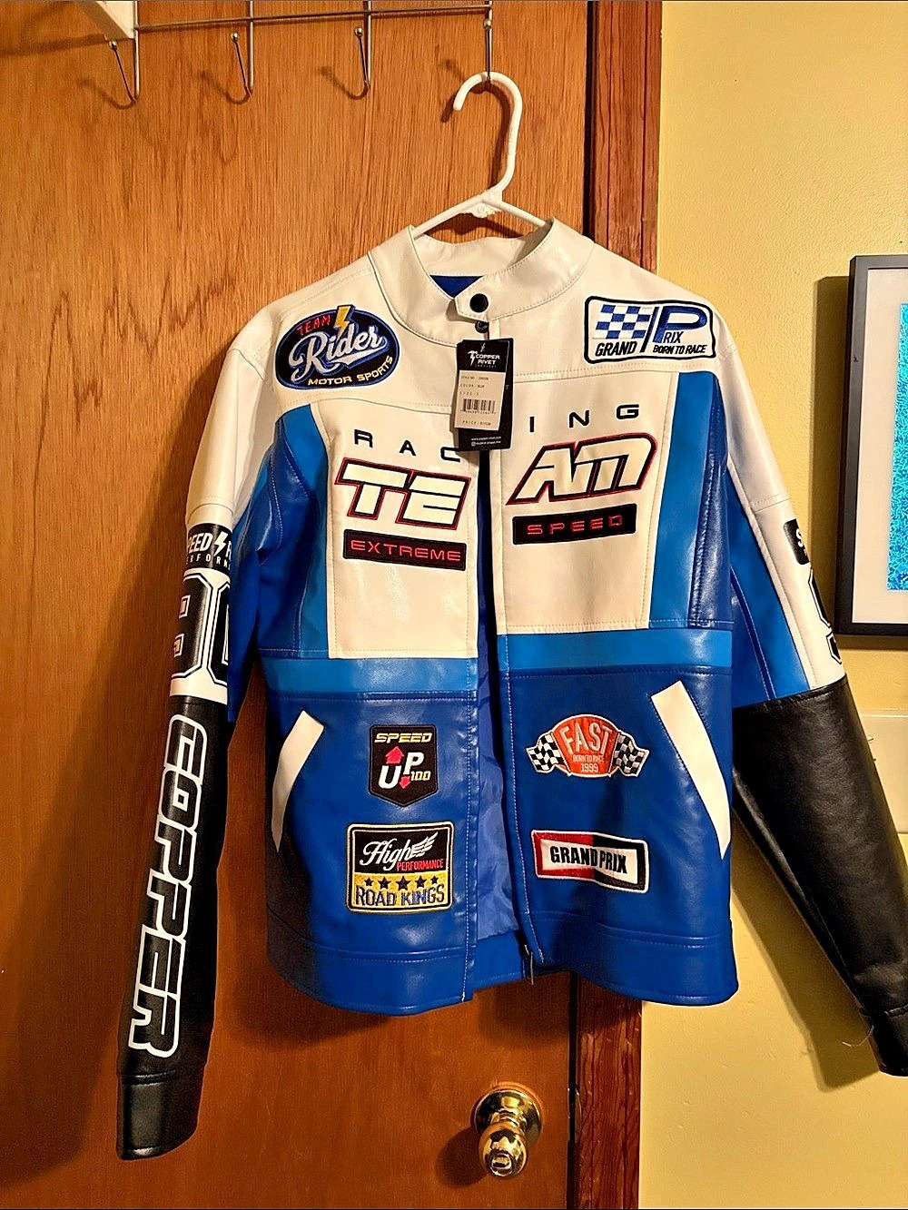Copper Rivet Racing Team PU Moto Jacket Racing Motorcycle Jacket Blue & White